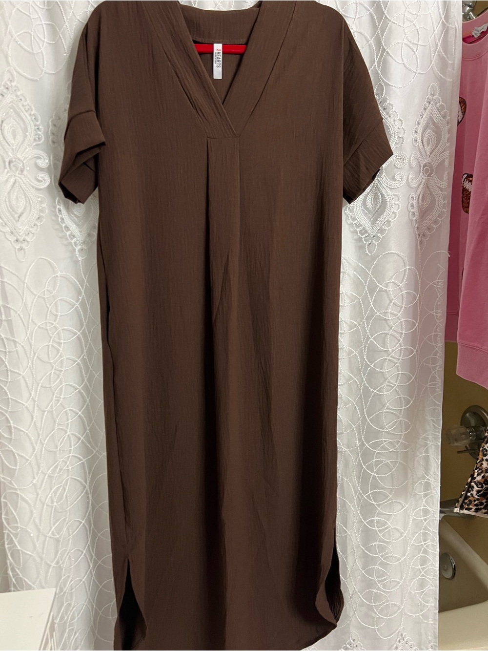 Classic Brown V-Neck Midi Dress - Casual Women's Shift